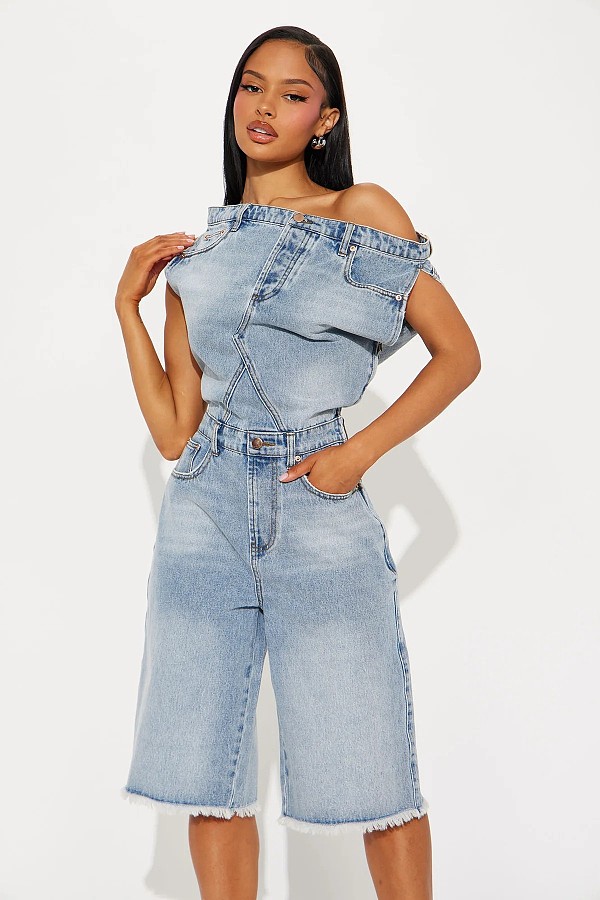 Strapless One-shoulder Slimming Denim Jeans Jumpsuit JLX-6063