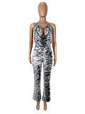 Sexy Backless Mesh Crop Tops And Long Pants Women Prints Two Pieces Suits SHD-9778