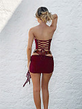 Sexy Strapless lace-up Tops And Tight Mini Skirt Women PU-leather 2 Pieces Sets SHD-9797