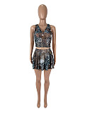 Sexy Leopard Print Low-cut Tops And Pleated Short Skirt Women Sets SHD-9765