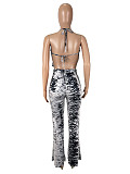 Sexy Backless Mesh Crop Tops And Long Pants Women Prints Two Pieces Suits SHD-9778