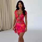 Sexy Print Mesh Lace-up Irregular Mini Skirt 2 Pieces Sets SHD-9787