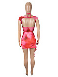 Sexy Print Mesh Lace-up Irregular Mini Skirt 2 Pieces Sets SHD-9787