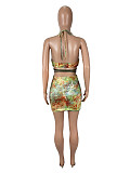 Hot Sexy Push-up Crop Bras And Package Hip Mini Skirt Women Printed 2 Pieces Sets SHD-9763