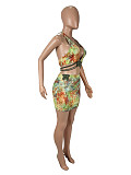 Hot Sexy Push-up Crop Bras And Package Hip Mini Skirt Women Printed 2 Pieces Sets SHD-9763