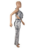 Sexy Backless Mesh Crop Tops And Long Pants Women Prints Two Pieces Suits SHD-9778