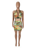 Hot Sexy Push-up Crop Bras And Package Hip Mini Skirt Women Printed 2 Pieces Sets SHD-9763