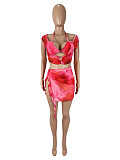 Sexy Print Mesh Lace-up Irregular Mini Skirt 2 Pieces Sets SHD-9787