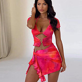 Sexy Print Mesh Lace-up Irregular Mini Skirt 2 Pieces Sets SHD-9787