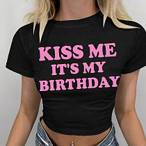 Round-neck Letter-printed Short-sleeved T-shirt Sweet Spicy For Street RS-ZB114671B Round-neck Letter-printed Short-sleeved T-shirt Sweet Spicy For Street RS-ZB114671B