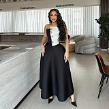 Sexy Strapless White Black Patchwork Crop Top With High-waist Long Skirts Women Sets ZS-0755