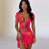 Sexy Print Mesh Lace-up Irregular Mini Skirt 2 Pieces Sets SHD-9787