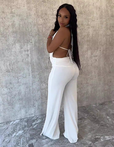 White Super Sexy Backless Halter Women Long Pants Two Pieces Sets SHD-9541