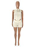Women Solid Color Zipper Sleeveless Lapel Neck Tops Hot Shorts 2 Pieces Sets SHD-9783