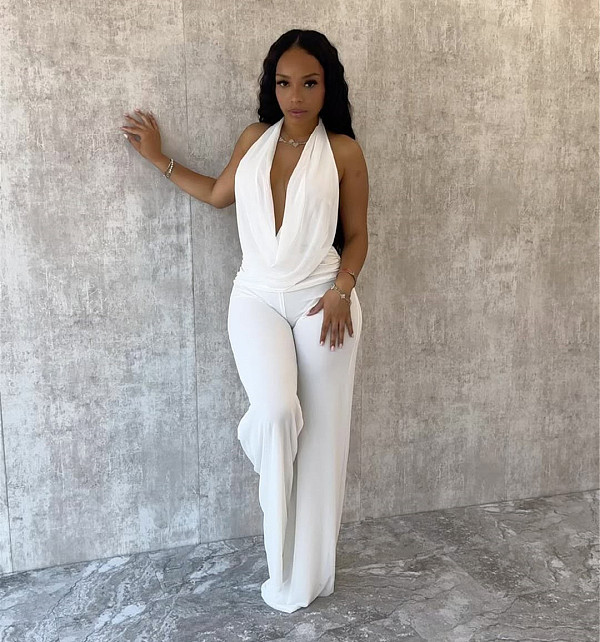 White Super Sexy Backless Halter Women Long Pants Two Pieces Sets SHD-9541