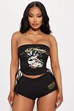 Printed Wrap Strapless Crop Top Shorts Outfits RS-XH502