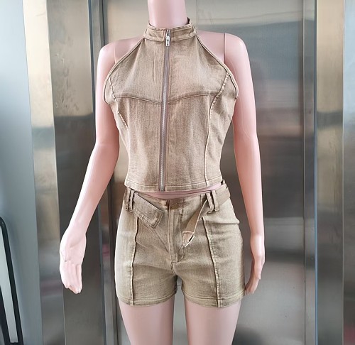 Sleeveless Zipper Short Top Belt Stretch Shorts Set RS-CS202532817