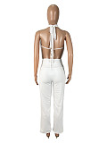 White Super Sexy Backless Halter Women Long Pants Two Pieces Sets SHD-9541