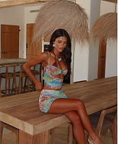 Sexy Print Women Hollow-out Straps Mini Skirt 2 Pieces Sets SHD-9788