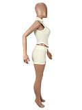 Women Solid Color Zipper Sleeveless Lapel Neck Tops Hot Shorts 2 Pieces Sets SHD-9783