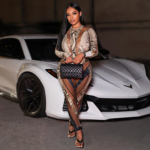 Stylish Print Women Long Sleeves Slim Bodysuit Pants Sets 2 Pieces DLS-K25S77067