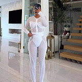 Hot Sexy Transparent Mesh Zipper Cardigant And Long Pants Women Suits SH-391418