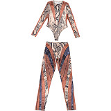 Stylish Print Women Long Sleeves Slim Bodysuit Pants Sets 2 Pieces DLS-K25S77067