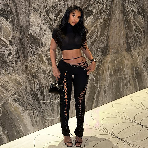 Super Sexy Backless Halter Crop Vest And Lace-up Pants Women Sets DLS-K24S77149
