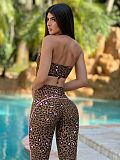 Hot Sexy Leopard Print Halter Crop Tops And Tight Long Pants Sporty Suits XS-K25L940