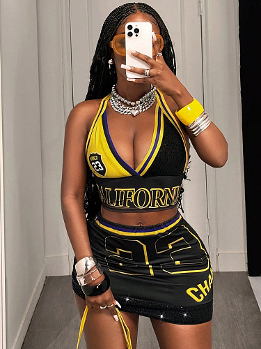 Fashion Print Women Halter Crop Tops And Tight Mini Skirts 2 Pieces Sets XS-K25L664