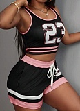Fashion Contrast Color Sexy Sports Vest Lace-Up Shorts Two-Piece Suit For Women XS-K25L456