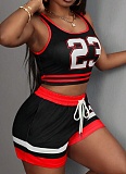 Fashion Contrast Color Sexy Sports Vest Lace-Up Shorts Two-Piece Suit For Women XS-K25L456