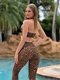 Hot Sexy Leopard Print Halter Crop Tops And Tight Long Pants Sporty Suits XS-K25L940