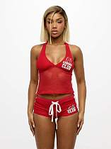 Red halter vest and print lace-up shorts women 2 pieces sets XS-K25L398