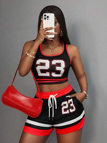Fashion Contrast Color Sexy Sports Vest Lace-Up Shorts Two-Piece Suit For Women XS-K25L456