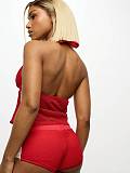 Red halter vest and print lace-up shorts women 2 pieces sets XS-K25L398