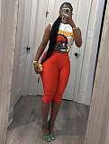 Women's Fashionable Print Sleeveless Top With Red High-waisted Pants Set XS-K25L994