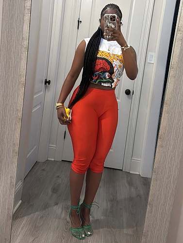 Women's Fashionable Print Sleeveless Top With Red High-waisted Pants Set XS-K25L994
