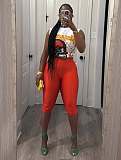 Women's Fashionable Print Sleeveless Top With Red High-waisted Pants Set XS-K25L994