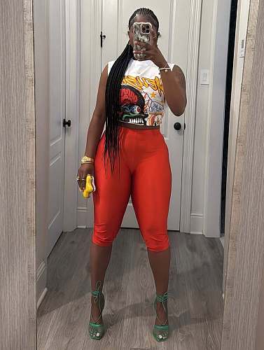 Women's Fashionable Print Sleeveless Top With Red High-waisted Pants Set XS-K25L994