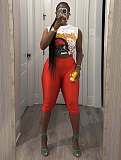 Women's Fashionable Print Sleeveless Top With Red High-waisted Pants Set XS-K25L994