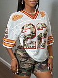Fashion Print Women Loose V-neck Short Sleeve T-shirt Top XS-K25L524