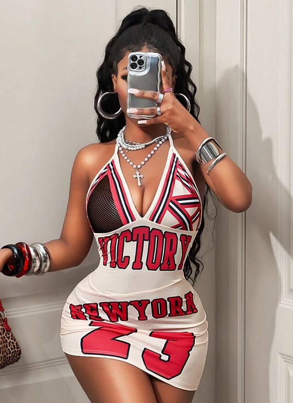 Fashion Sexy Printed Halter V-Neck Backless Dress XS-K25L646