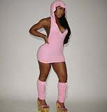 Pink Sexy Backless Sleeveless Deep-V Hoodies Mini Dresses XS-K25L856
