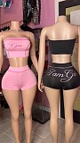 Hot Sexy Letter Print Strapless Crop Top And Tight Shorts Women Suits XS-K25L885