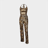 Women Backless Halter Tops With Wide-leg Pants Sexy Leopard Print 2 Pieces Sets XS-L45155