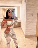 Sexy Hollow-out Stripes Print One-shoulder Tight Jumpsuit XS-K25L837