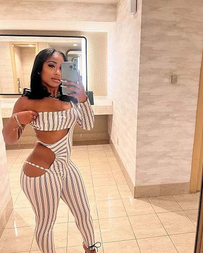 Sexy Hollow-out Stripes Print One-shoulder Tight Jumpsuit XS-K25L837