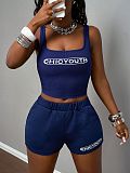 Blue Sporty Two Pieces Suits Women Letter Print Vest With Hot Shorts XS-K25L855