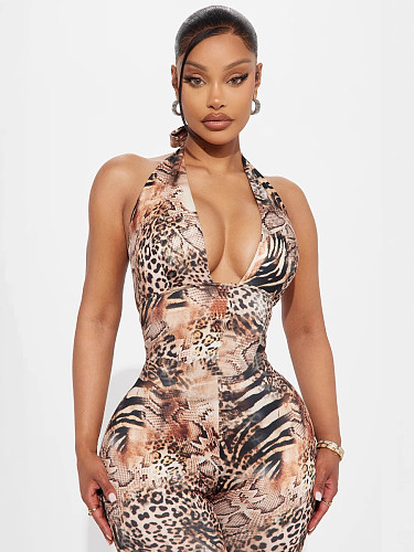 Hot Sexy Backless Leopard Print Women Halter Tight Jumpsuit XS-K25L619